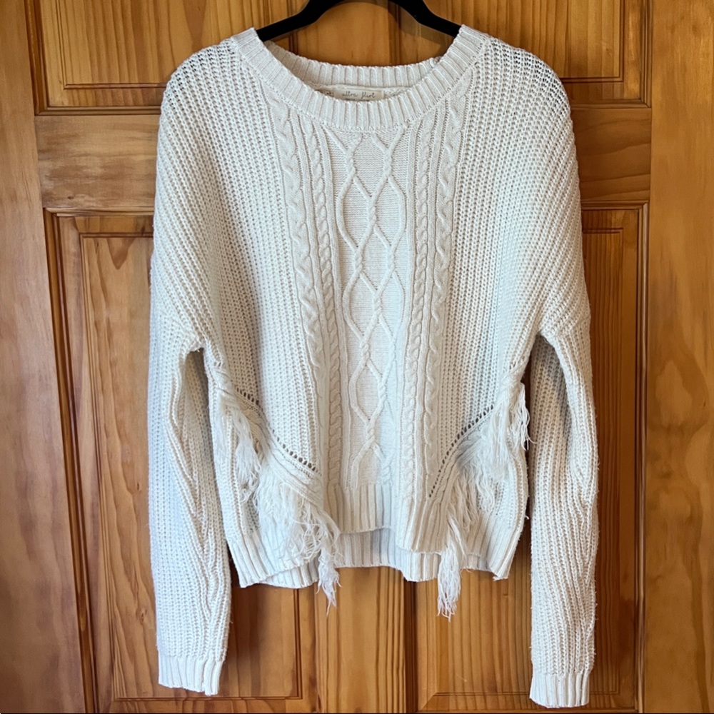 Ultra Flirt Ivory Fringed Cable Knit Sweater